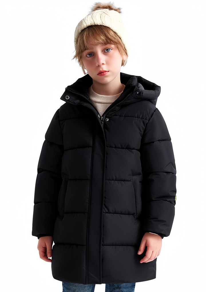 SOLOCOTE boys down jacket in black on a child outdoors