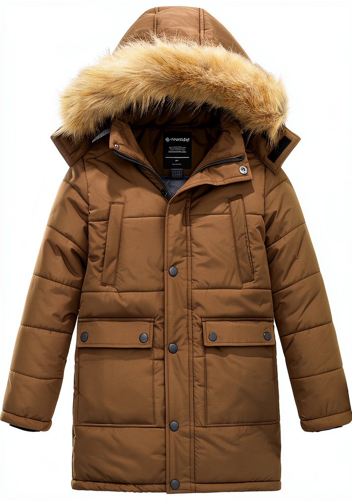Child wearing Wantdo Boys Winter Coat Long Puffer Jacket with Faux Fur Hood in snowy conditions