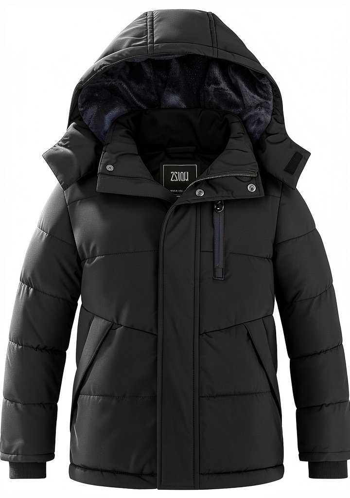 Boys wearing fleece puffer jacket in snowy setting