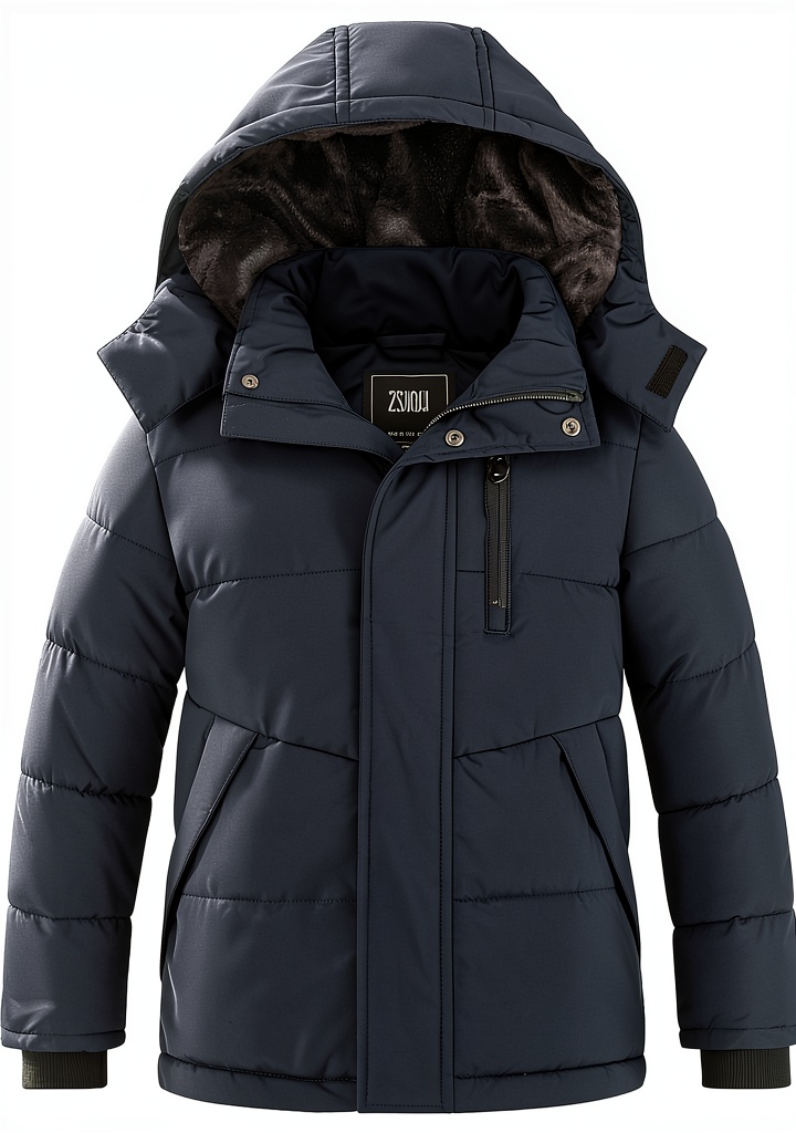 Boys wearing fleece puffer jacket in snowy outdoor setting