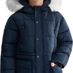 Boys Heavyweight Winter Jacket Faux Down Puffy Navy Yellow-0