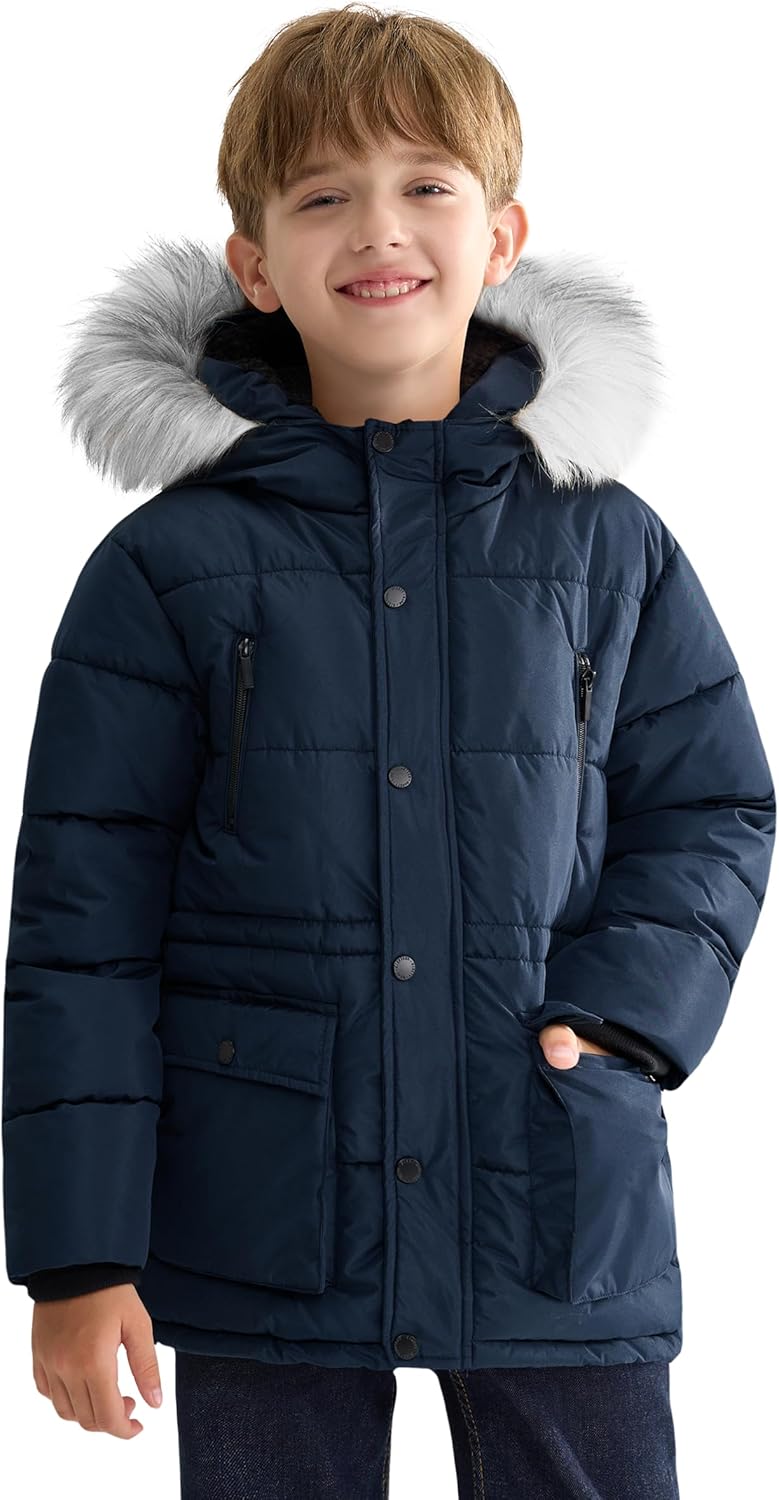 Boys wearing heavyweight winter jacket in snowy setting