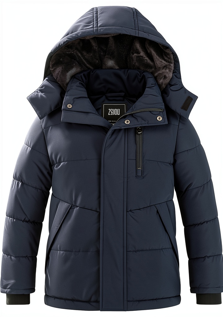 Boys wearing fleece puffer jacket in snowy setting