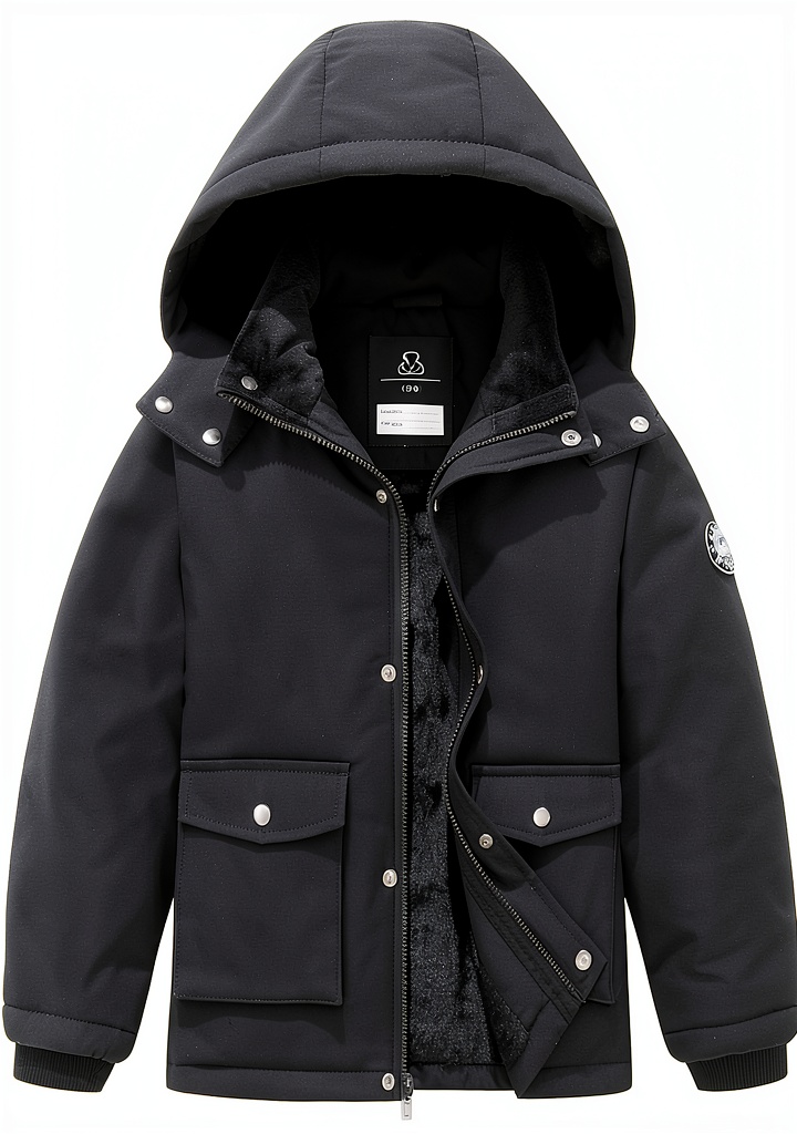 Boys wearing winter down jacket in snowy outdoor setting