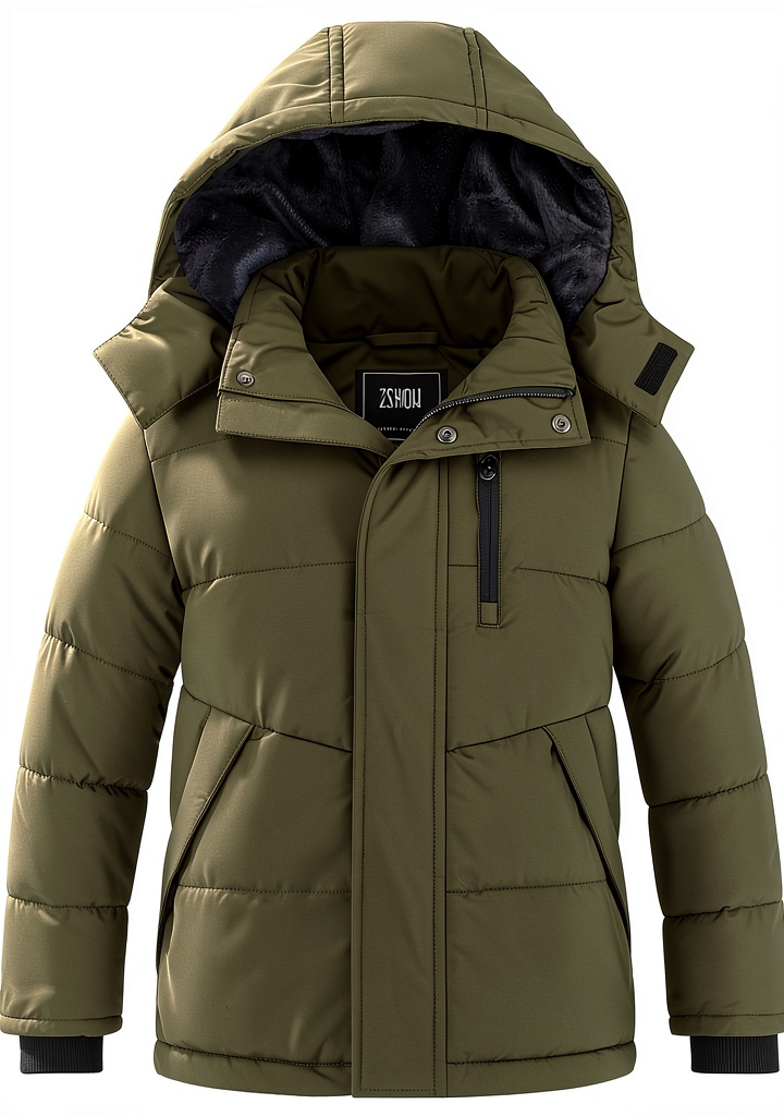 Boys wearing fleece puffer jacket in snowy setting