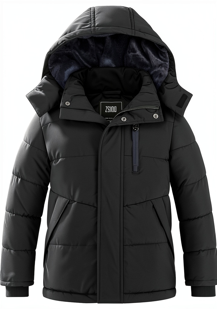 Boys wearing the fleece puffer jacket in a snowy park