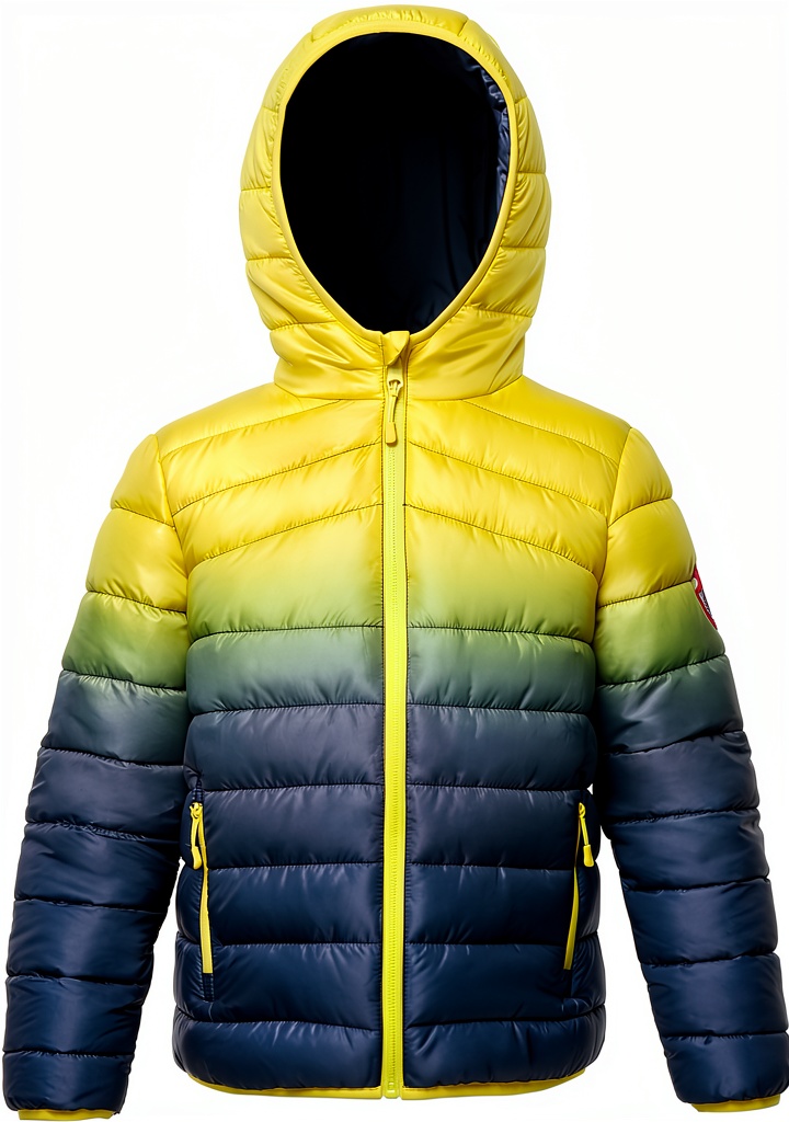 Boys wearing reversible puffer jacket in snowy outdoor setting