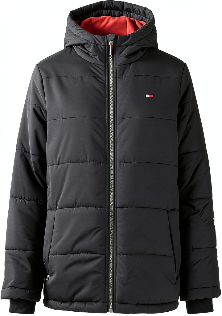 Tommy Hilfiger boys fleece jacket in red worn outdoors
