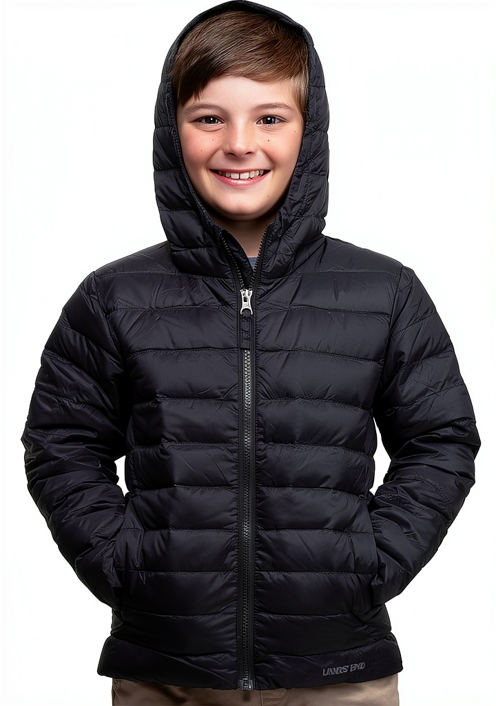 Child wearing Lands End Kids Down Jacket during snowy playground activities