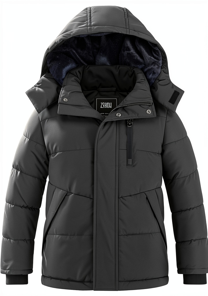 Boys wearing fleece puffer jacket in snowy outdoor setting