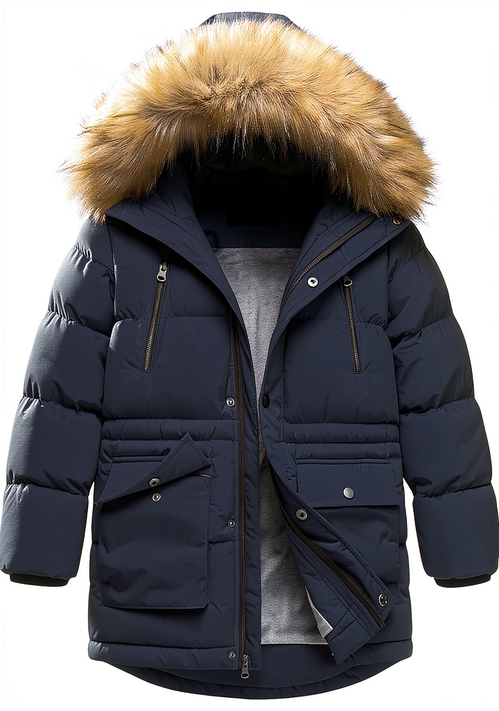 Javro boys winter jacket being worn during sledding activity showing snow beading on surface