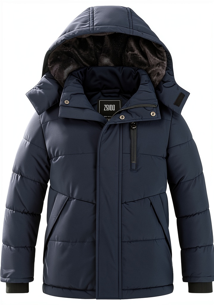 Boys wearing the fleece puffer jacket in snowy conditions