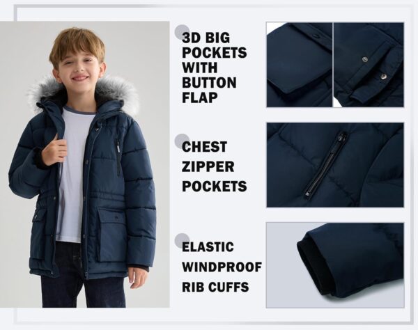 Boys Heavyweight Winter Jacket Faux Down Puffy Navy Yellow-4