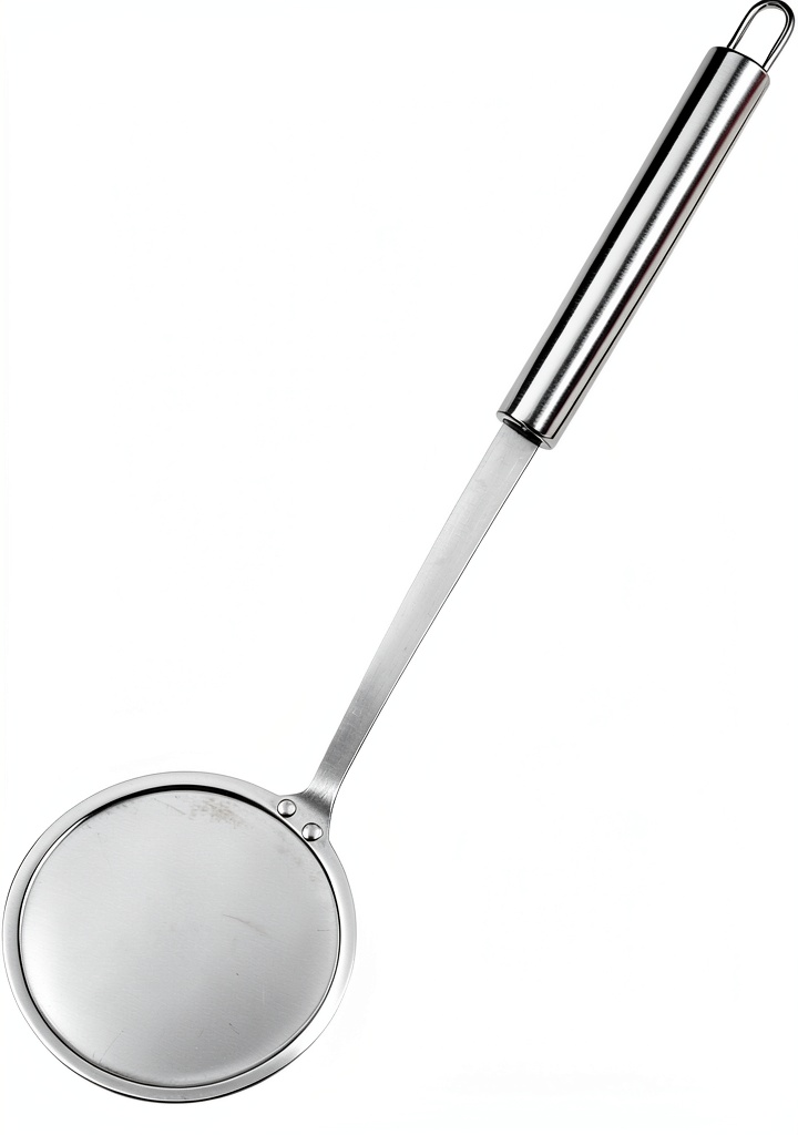 Stainless steel skimmer being used to lift fries from hot oil