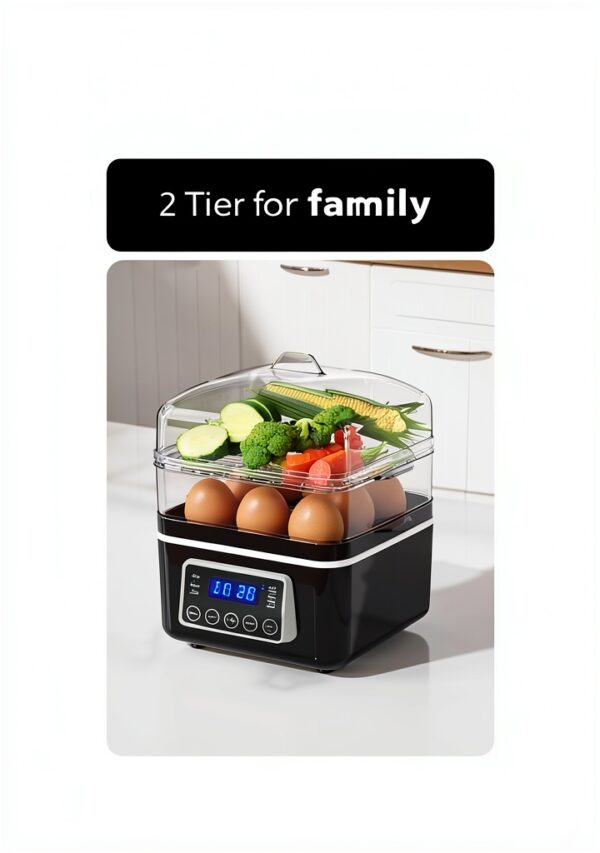 2 Tiers Electric Food Steamer 4 QT by evoloop Black BPA-Free Baskets-4