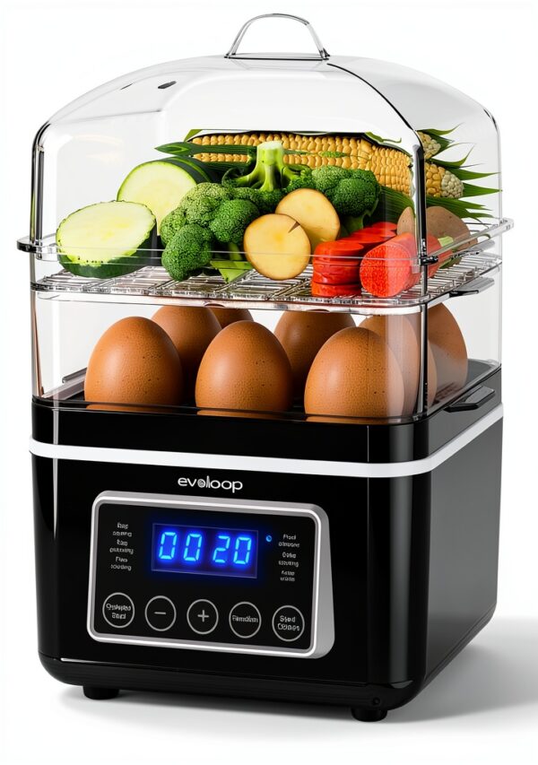 2 Tiers Electric Food Steamer 4 QT by evoloop Black BPA-Free Baskets-0