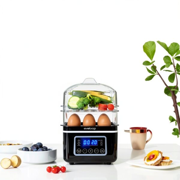 2 Tiers Electric Food Steamer 4 QT by evoloop Black BPA-Free Baskets-3